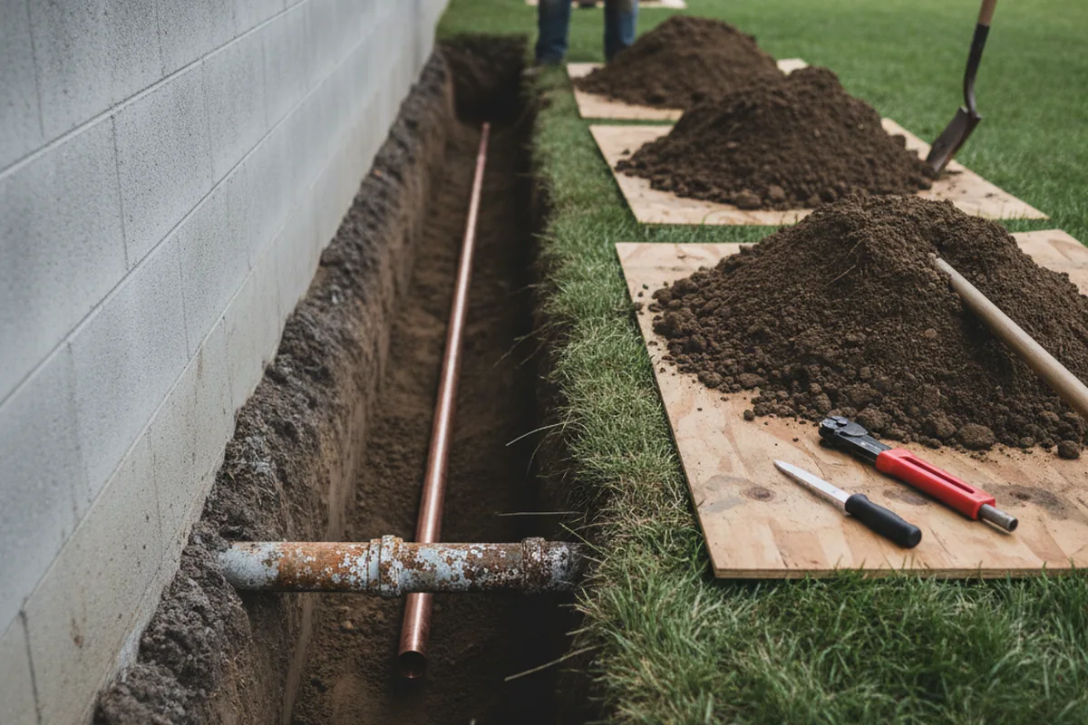 Excavated water line trench during Water Softener Installation in Wellborn